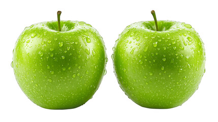 Closeup of two vibrant green apples with refreshing water droplets two