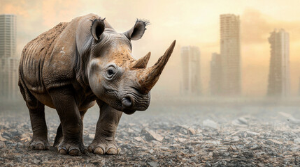 Fototapeta premium Environmental crisis. Rhinoceros standing in a desolate urban landscape.