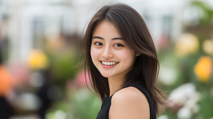 Fototapeta premium Chinese woman in black t-shirt smiling enjoy vacation trip at tulip garden