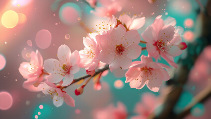 Close-Up of Vibrant Pink Cherry Blossoms with Magical Bokeh Lights.