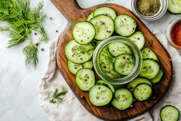 Preparing pickled cucumbers with dill and peppercorns on wooden cutting board