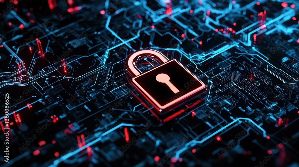 Poster digital lock symbol over circuit board background representing cybersecurity and data protection in 