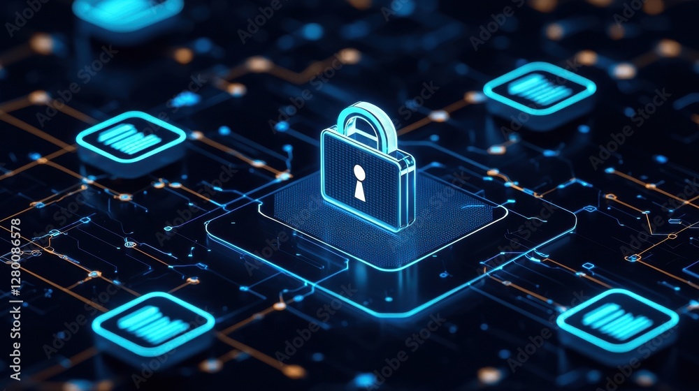 Poster digital padlock secure data protection in abstract network background with glowing elements and futu