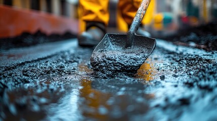 Street repair worker shovels asphalt, city background