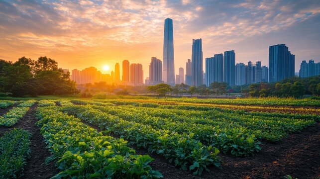 Sunrise cityscape with lush farm. Illustrates urban agriculture, harmony between city & nature.