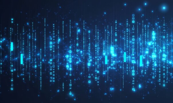 Abstract blue glowing binary code background with bokeh lights and a digital matrix pattern. 