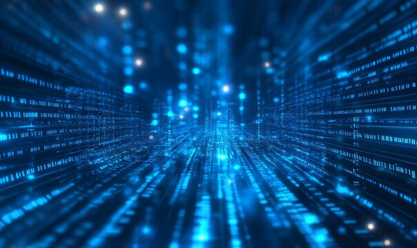 Abstract blue glowing binary code background with bokeh lights and a digital matrix pattern. - Powered by Adobe