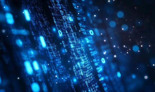 Abstract blue glowing binary code background with bokeh lights and a digital matrix pattern. 