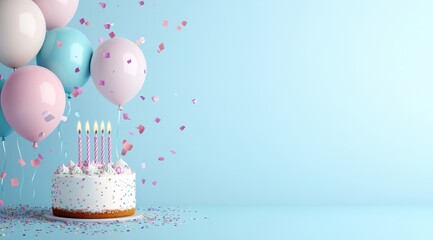 Happy birthday banner template with a cake and balloons on a light blue background