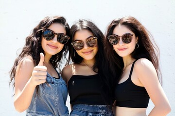 Three Young Women Smiling in Stylish Sunglasses During a Bright Sunny Day Outdoors Celebrating Friendship and Fun in a Relaxed Atmosphere
