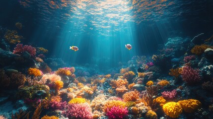 Naklejka premium Sunbeams illuminate vibrant coral reef, fish swim, ocean background, underwater scene