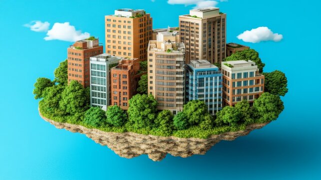Conceptual floating cityscape with vibrant greenery and sky-high architecture on a blue backdrop for environmental sustainability campaigns