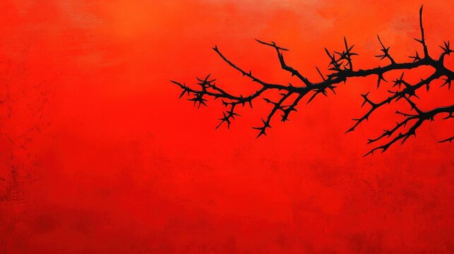 Black Thorny Branch Against Red Background