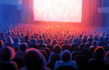 Vibrant Audience in a Cinematic Theatre Captivated by a Bright Screen, Illuminating the Dark Space with an Engaging Atmosphere