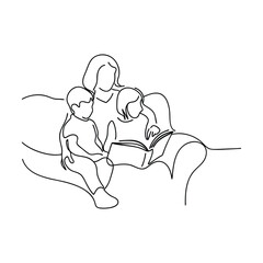 Mother Reading Book to Children on Couch Family Time