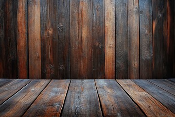 Dark brown wooden wall and floor background with copy space, 3D rendering, cinematic shot