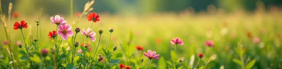 Obraz premium Wild geranium flowers in a field of tall grass, flowers, wildflowers, landscape