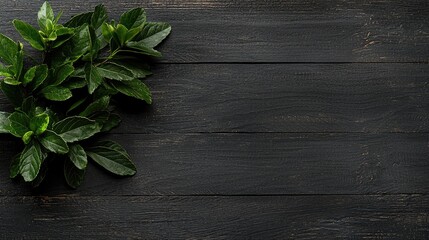 Fresh green leaves on dark wood table top
