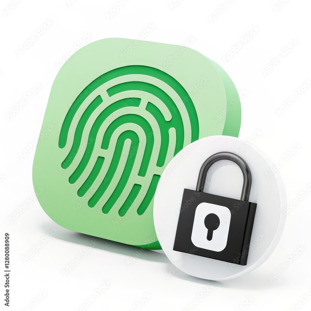 Poster fingerprint security icon: a 3d-rendered icon of a fingerprint scanner combined with a padlock, symb