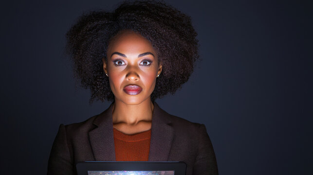 businesswoman accessing cloud storage on tablet, looking focused and determined, Cloud Computing and Data Storage Concept.