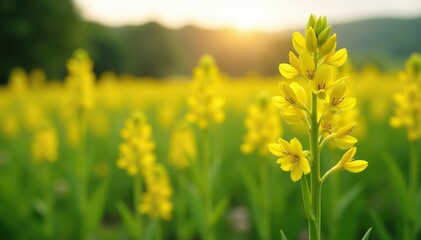 Fototapeta premium Wild yellow Genista Scorpius flowers in nature background, nature, natural, wildflowers