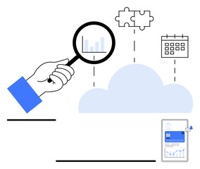 Hand holding magnifying glass over a bar graph, cloud connecting puzzle pieces, calendar, and smartphone. Ideal for data analysis, cloud computing, business planning, collaboration, mobile