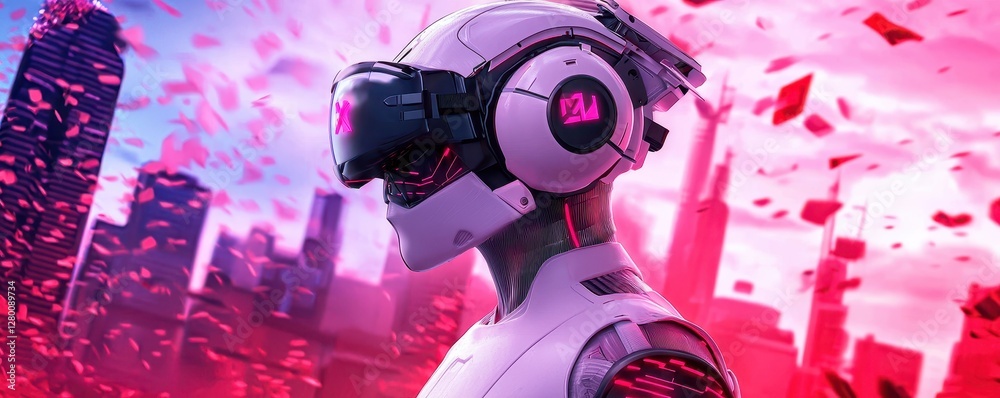Poster a futuristic robot adorned with a sleek design and high-tech visor stands against a vibrant pink bac