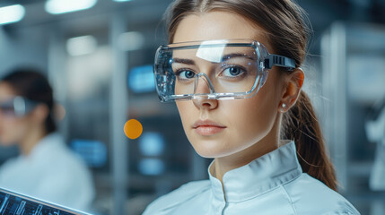 Innovative woman in lab coat using advanced technology in lab, Cloud Computing and Data Storage Concept.