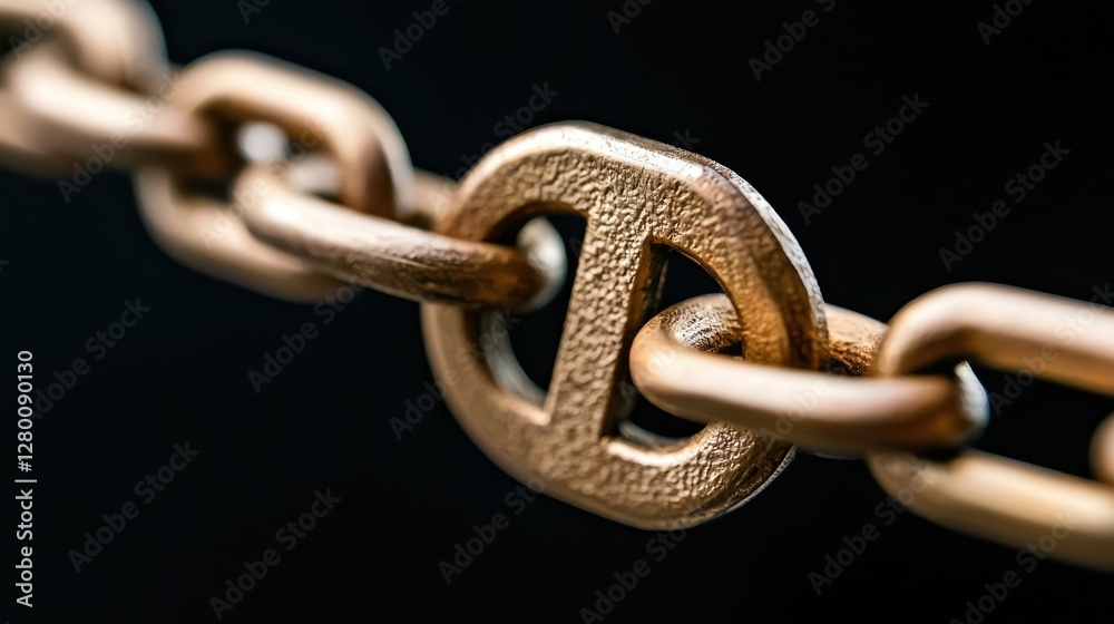 Poster a close-up view of a textured metallic chain link against a dark background, showcasing its intricat