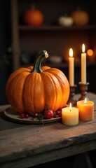 Wooden table with a large pumpkin and several candles, wood, rustic, table