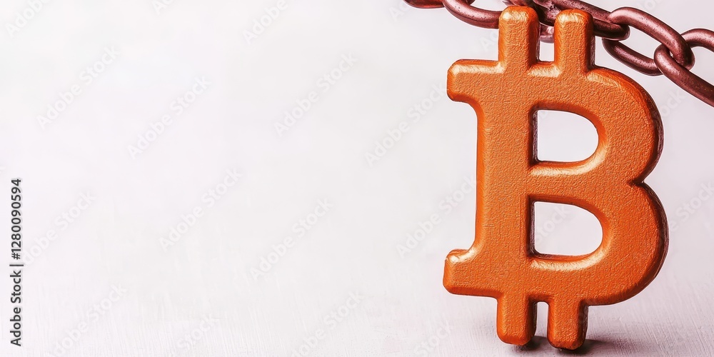 Poster A metallic Bitcoin symbol is attached to a chain, representing cryptocurrency security and the concept of digital assets.