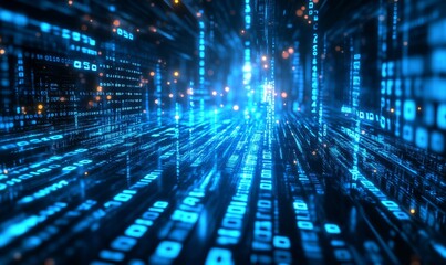 Blue digital binary code background with glowing lights and bokeh effect, creating an atmosphere of futuristic technology and data science.
