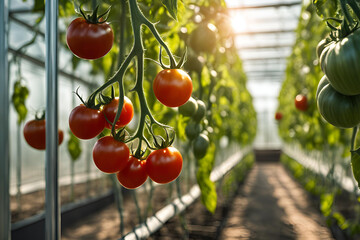 Close-up of fresh organic tomatoes growing in a greenhouse. Organic farming, agriculture