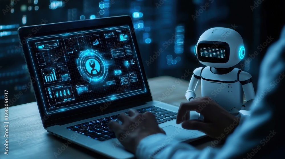 Poster futuristic business technology with robot assistant helping in data analysis and digital interfaces 