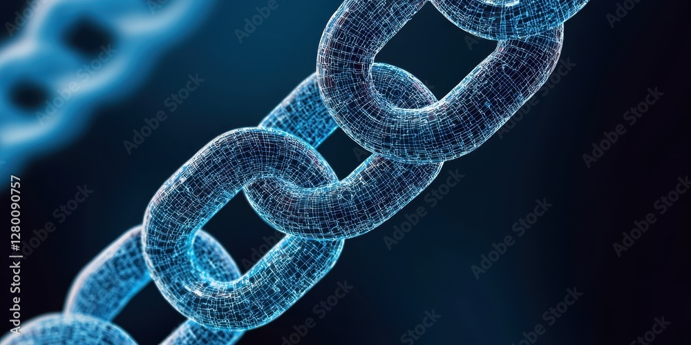 Poster A close-up of a digital chain link, symbolizing connectivity and blockchain technology, set against a dark blue background.