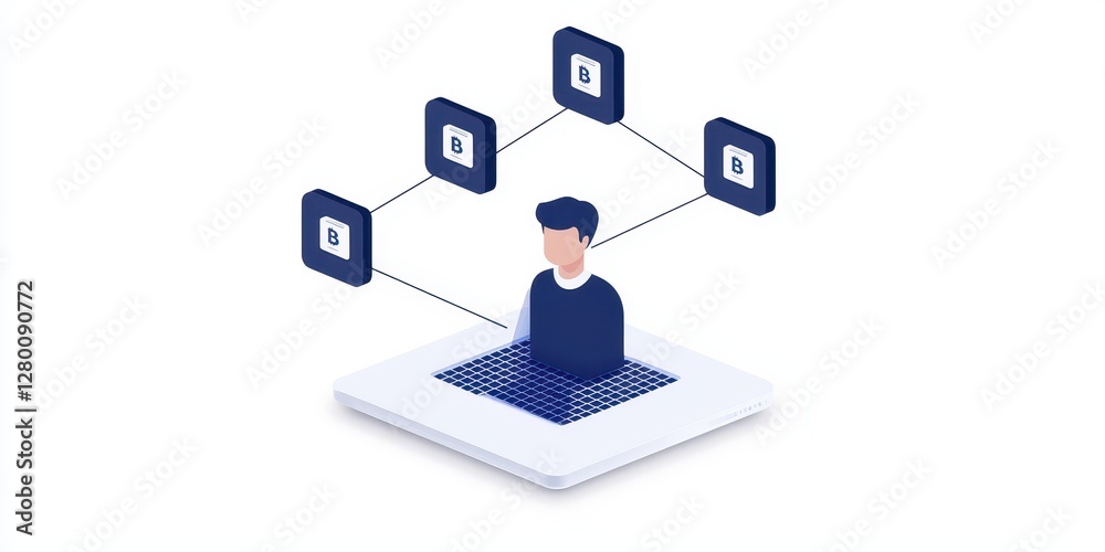 Aufkleber A digital illustration showing a person connected to multiple icons, symbolizing online interaction and digital networking.