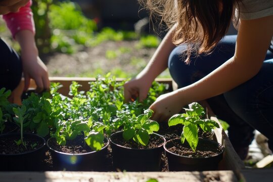 A mother and daughter plant a small herb garden in their backyard
