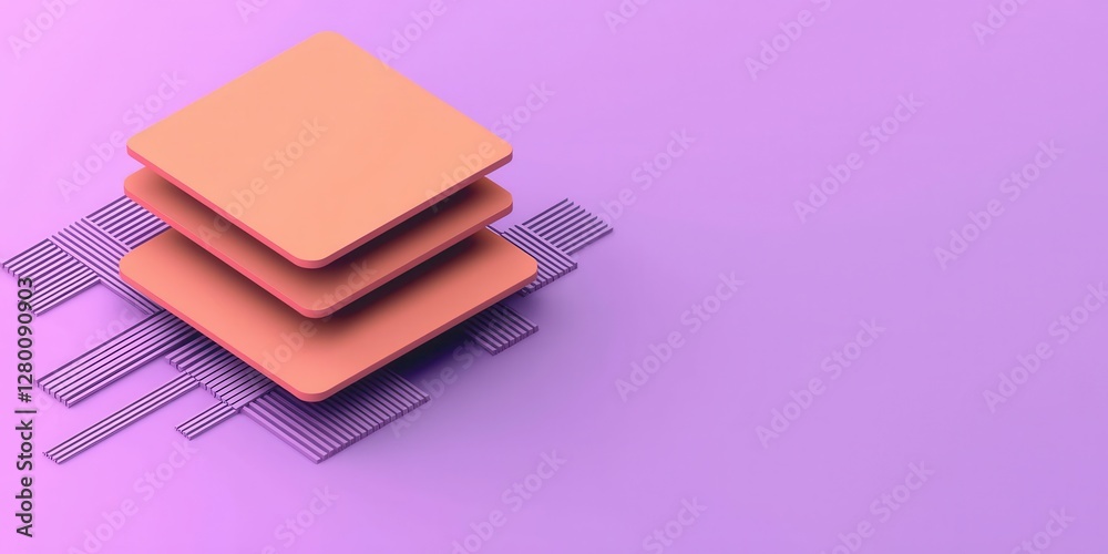 Poster a minimalist design featuring layered geometric shapes in soft orange on a purple background, convey