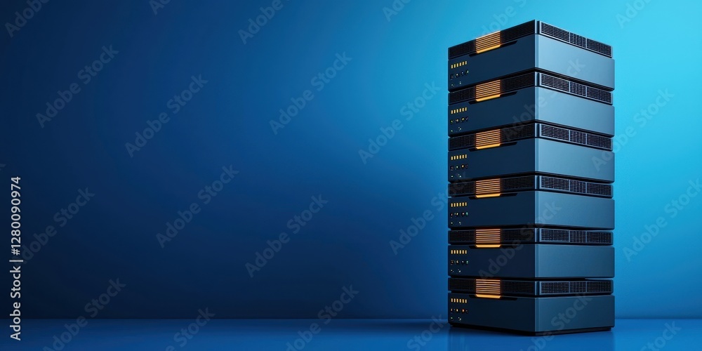 Poster a sleek stack of server racks illuminated by a blue background, showcasing modern technology and dat