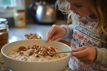 A preschooler helps stir a bowl of oatmeal topped with nuts and honey