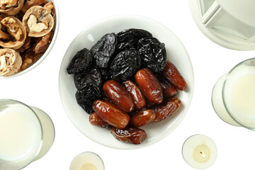 PNG, Ramadan. Bowl of dried fruits and walnuts,.isolated on white background.