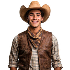 Fototapeta premium Handsome cowboy in a brown leather vest and scarf smiling warmly, isolated on transparent background