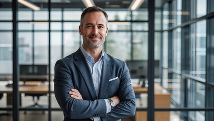 CEO Standing in a Glass Office Looking Confidently at the City Skyline in a Modern Business Setting