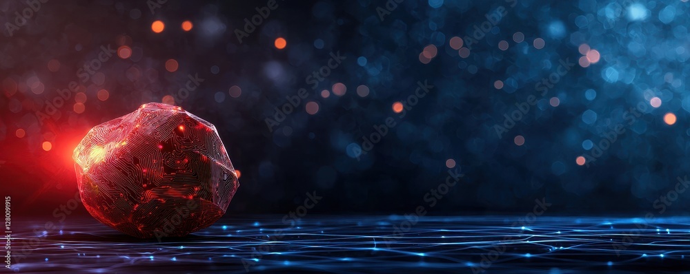 Poster a glowing, textured orb sits against a dark background, surrounded by soft bokeh lights, creating a 