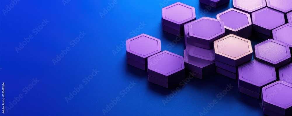Poster a cluster of purple hexagonal shapes on a vibrant blue background, creating a modern and abstract de