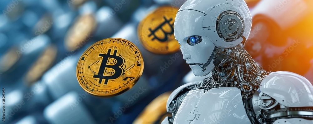 Poster a futuristic robot contemplates floating bitcoin coins against a digital background, symbolizing the