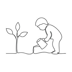 Toddler watering plant, SingleLine art, growth, nature, child, care, nurture, seedling, gardening, d