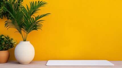 Fototapeta premium Vibrant Yellow Wall with Tropical Plants and White Mat Minimalist Summer Background for Product Display