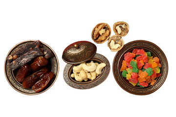 PNG, Ramadan. Set of traditional food during fasting period,.isolated on white background.