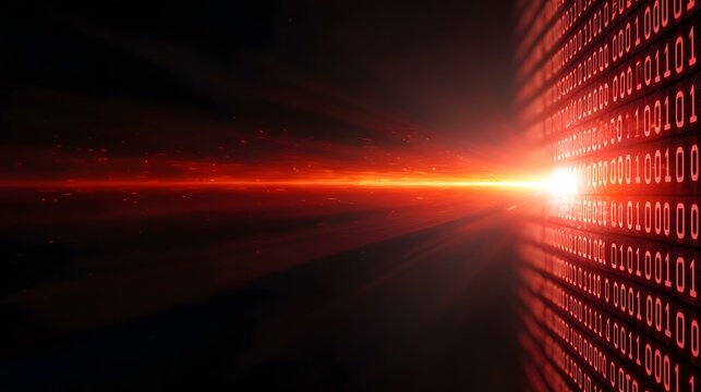 The image shows a digital data stream represented by binary code (1s and 0s) in red, emanating from a bright, fiery light source.  A sense of speed and energy is conveyed by the motion blur and fiery